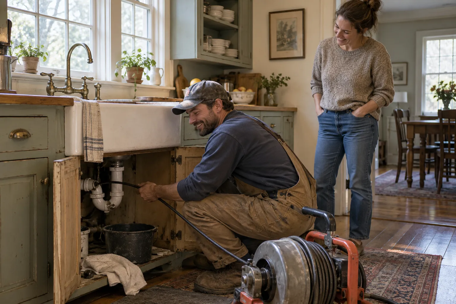 A friendly local plumbing provider clearing a kitchen drain in an older home in New York